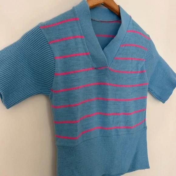 Vintage Blue and Pink Striped Knit Crop Top xs - Picture 4 of 10